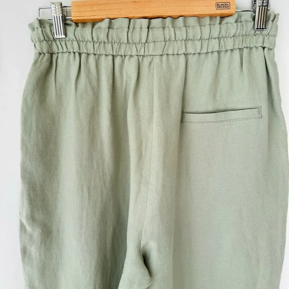 NEW Zara Women Linen Blend Pull On Pant Size S Elastic Waist Beachy Casual Green